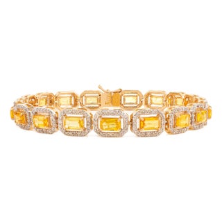 5.86Ct Octagon Yellow Sapphire & Halo Diamond Tennis Bracelet in 14k Gold For Sale