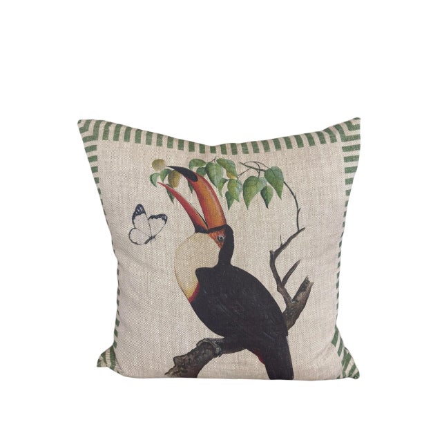 English Vintage British Colonial Style Linen Toucan Accent Pillow For Sale - Image 3 of 12
