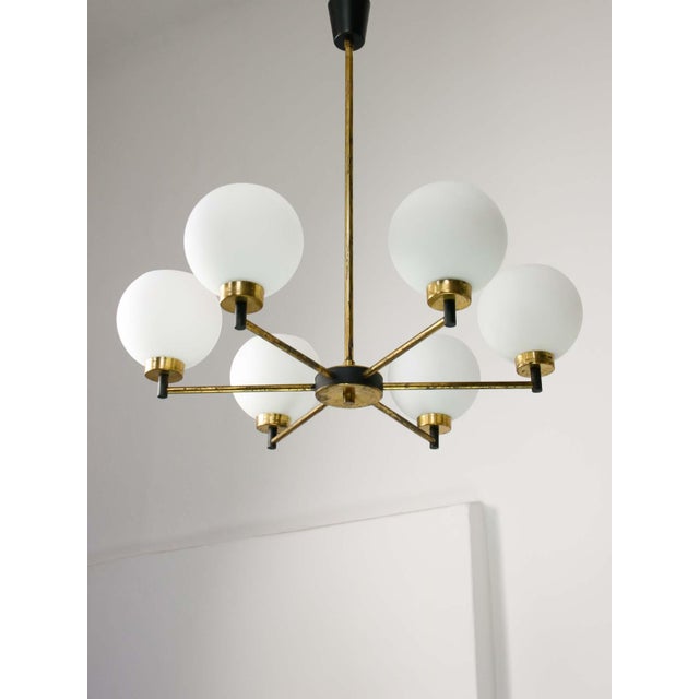Mid-Century Modern Italian Brass and Opaline Chandelier For Sale - Image 13 of 16