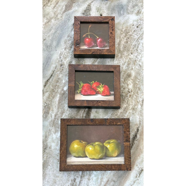 Three Original Amanda Selway British Still Lifes of Cherries, Strawberries and Green Apple Fruits in Custom Burl Wood Finished Frames For Sale - Image 12 of 13