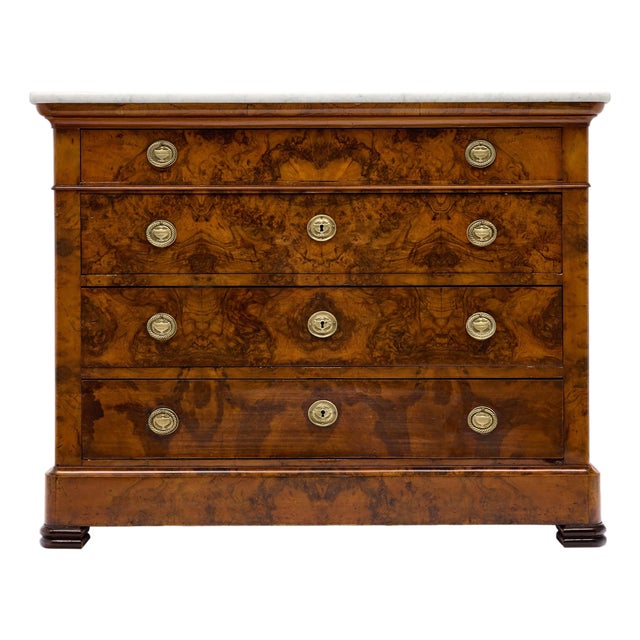 French Restoration Burled Walnut Chest of Drawers With Carrara Marble, Circa 1830 For Sale