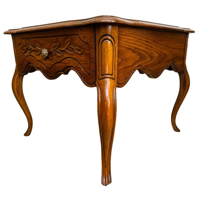 Drexel Heritage 1970 French Provincial Carved Oak End Tables / Low Nightstands by Drexel Heritage - A Pair For Sale - Image 4 of 18