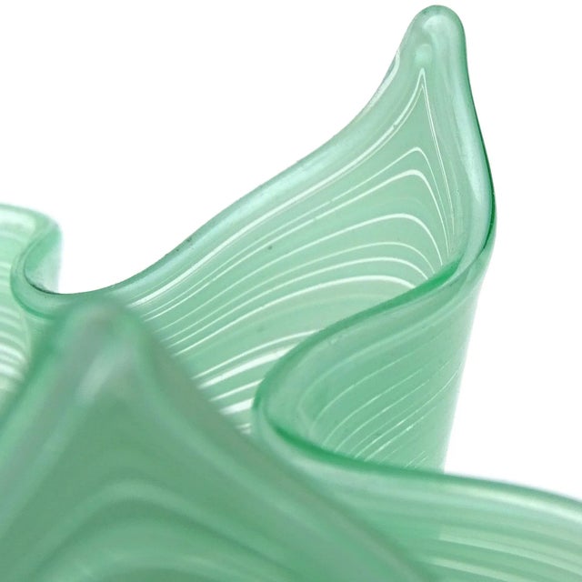 Murano Vintage Murano Jade Green Threads and Gold Flecks Italian Art Glass Decorative Fazzoletto Vase For Sale - Image 4 of 8