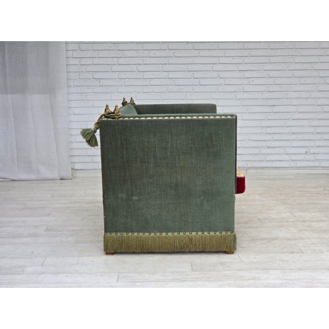 Danish 2-Seater Drop Arm Spanish Sofa in Green and Red Velour, 1970s For Sale - Image 17 of 18
