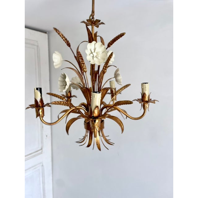 1960s Gilt Tole Floral and Wheat Chandelier, 1960 For Sale - Image 5 of 18