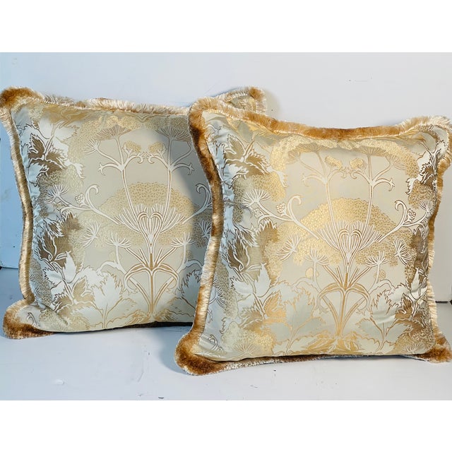 Stunning quality beautiful silk floral brocade Fortuny style textile 20” pair of pillows with fringes. Feather down...