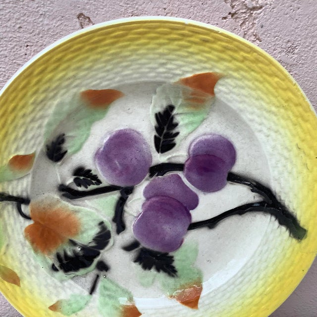 French Majolica plums Plate signed Saint Amand Circa 1920.