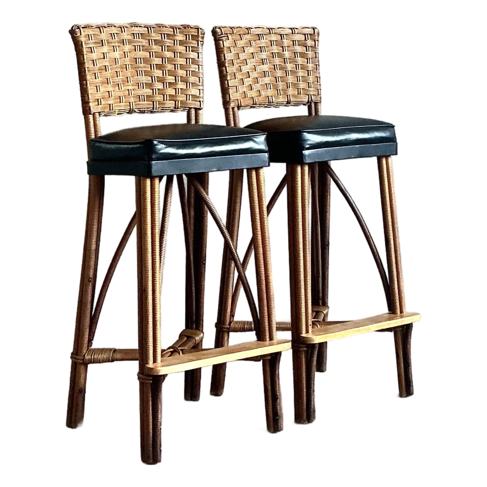 Vintage Coastal Woven Rattan Bar Stools A Pair Chairish