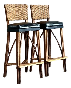 Vintage Coastal Woven Rattan Bar Stools - A Pair