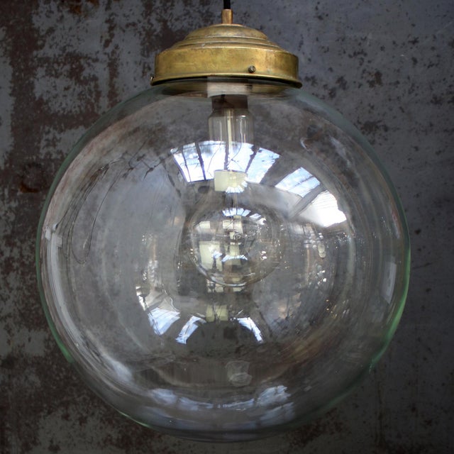 Large Vintage Clear Glass and Brass Globe Pendant Light For Sale - Image 5 of 7