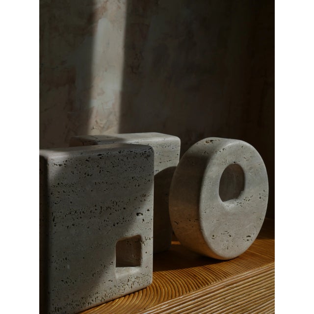 Stone Gray Modern Roman Travertine Geometric Circle Sculpture For Sale - Image 8 of 11