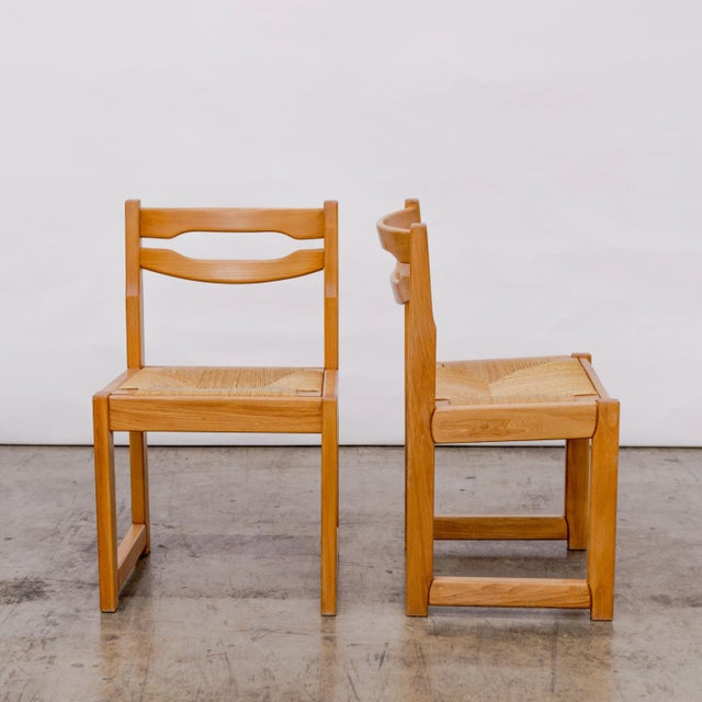 Brutalist 1960s Maison Regain Brutalist Elm + Rush Dining Chairs - Set of 6 Available, Sold as Pairs For Sale - Image 3 of 8