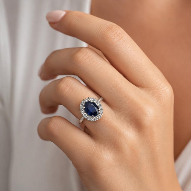 18k White gold ring with 3.09 carat Oval Blue Sapphire and 14 round brilliant diamonds weighing 1.80 carats. 6.01 grams.