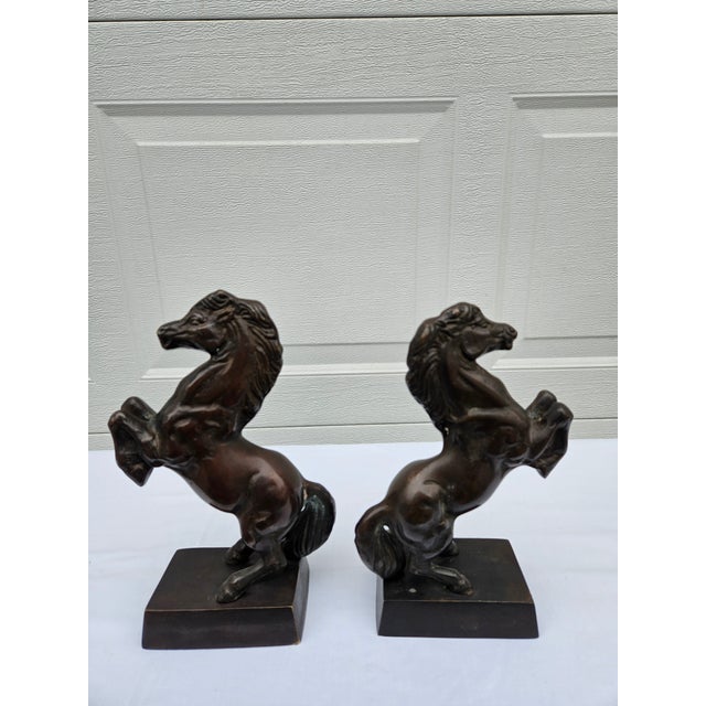 Vintage Bronze Rearing Horse Sculptures or Bookends For Sale - Image 10 of 15