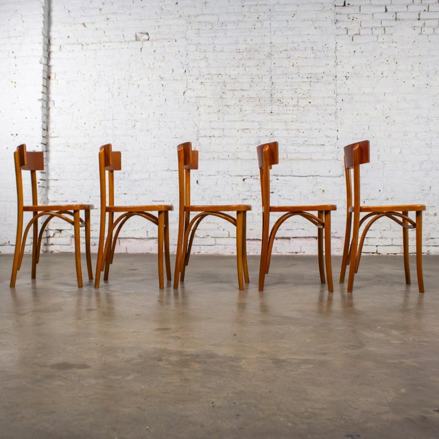 Coffee Mid to Late 20th Century Bauhaus Beech Bentwood Dining Chairs W/Cane Seats by Thonet Set of 5 For Sale - Image 8 of 18