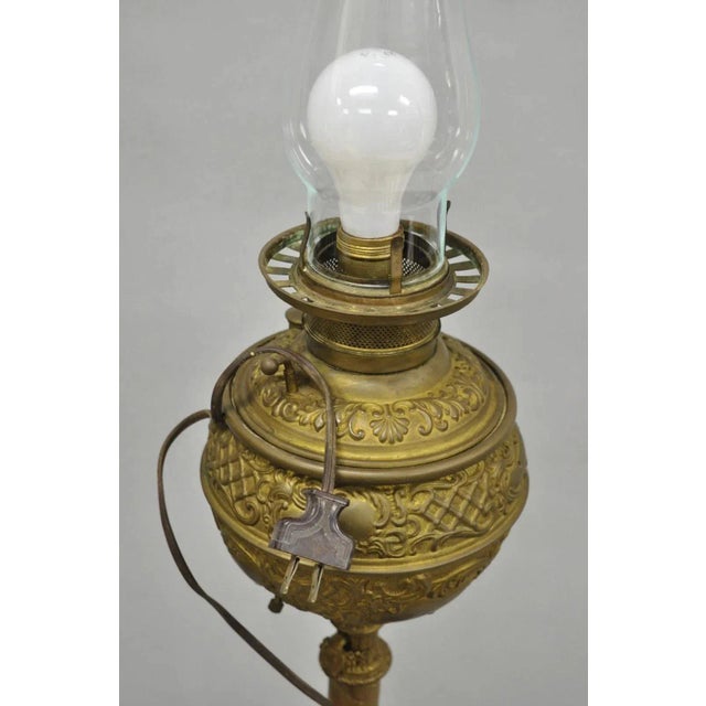 Antique Victorian Ornate Brass Converted Oil Lamp Piano Parlor Table Floor Lamp For Sale - Image 10 of 16
