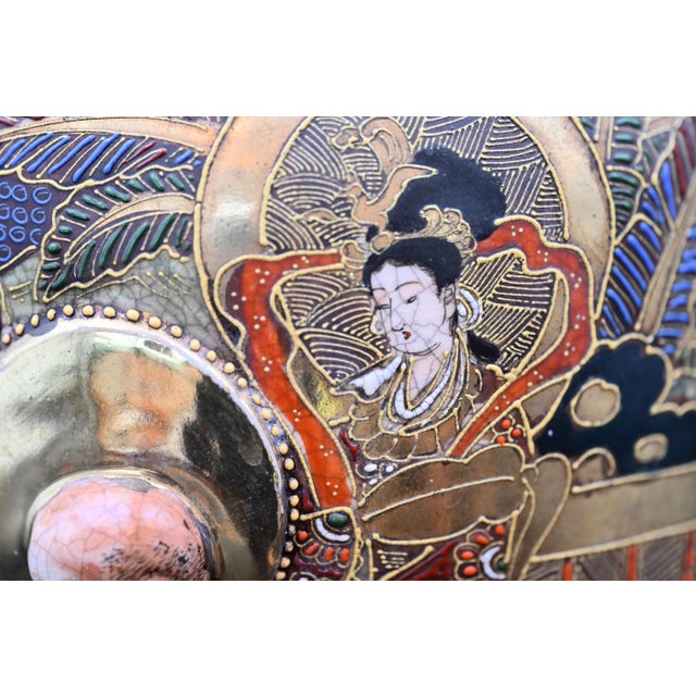 Japanese Satsuma-Style Vase With Raised Moriage & Gilt Detailing – Spiritual Figures, Circa Early 20th Century For Sale In Dallas - Image 6 of 10