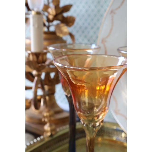 Glass Late 20th Century Rick Strini Signed Iridescent Amber & Cobalt Tulip Art Glass Goblets, Set of 3 For Sale - Image 7 of 18