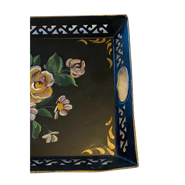 Shabby Chic Vintage Black Hand Painted Tole Rectangular Tray With Roses Design For Sale - Image 3 of 12