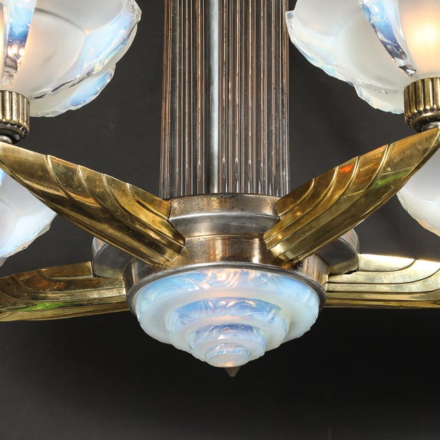 Art Deco Brass Petitot Chandelier W/ Glass Rods & Opalescent Glass Shades For Sale - Image 16 of 18