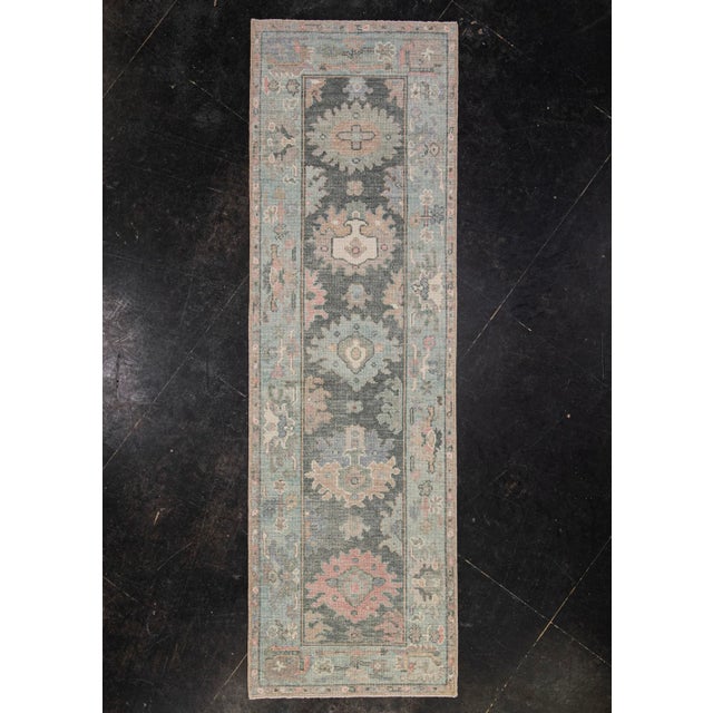 Turkish Oushak Rug Teal Blush Charcoal Handwoven Wool Rug 2'10" X 9' For Sale - Image 12 of 12