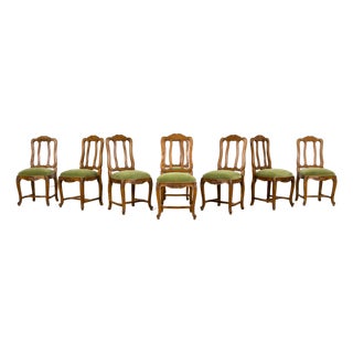 Early 20th Century French Louis XV Walnut Dining Chairs With Moss Green Mohair, Set of 8 For Sale