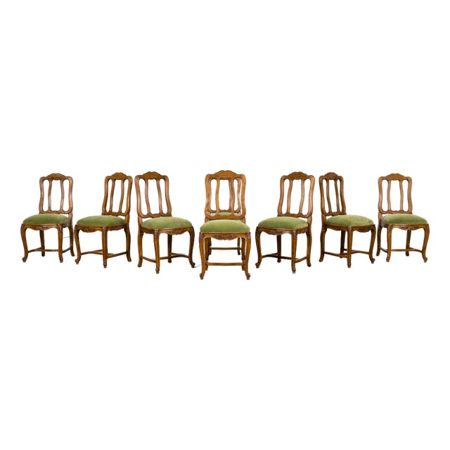 Early 20th Century French Louis XV Walnut Dining Chairs With Moss Green Mohair, Set of 8 For Sale