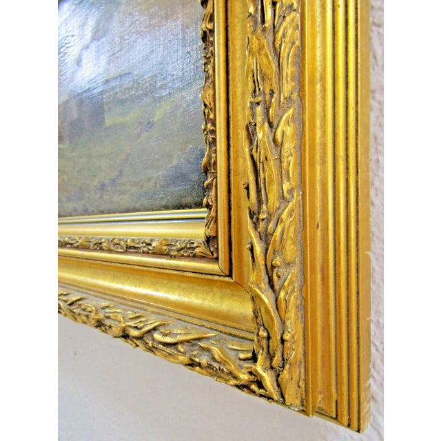 Wood Victorian Original Oil Painting Castle Ruins With People in Gold Gild Frame For Sale - Image 7 of 10