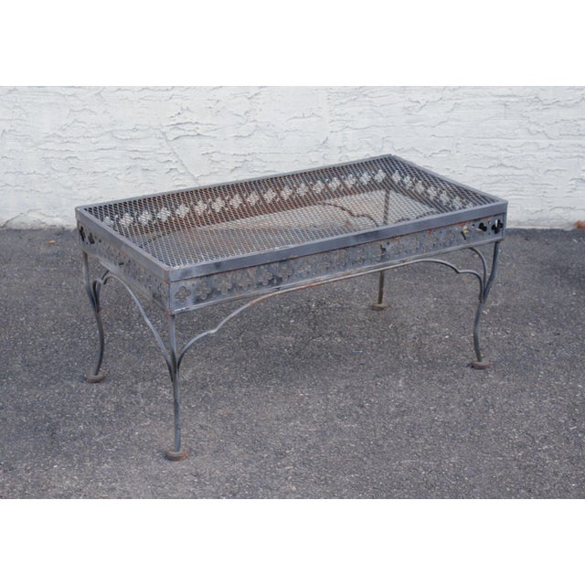 High Quality Vintage Cast Iron Mesh Top Outdoor Patio Coffee or Cocktail Table in the Style Of Salterini (Not Labeled)