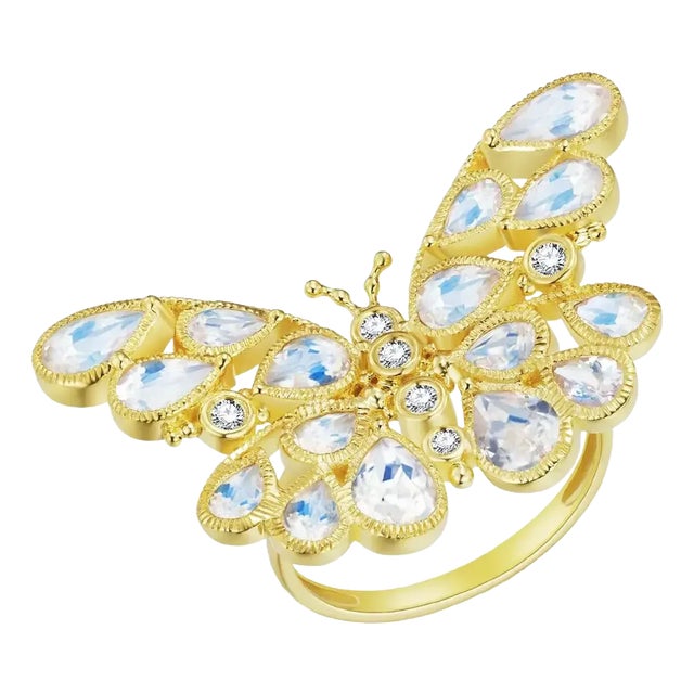 Nina Zhou Butterfly Moonstone Diamond Cocktail Ring in 14k Yellow Gold, size 7 For Sale