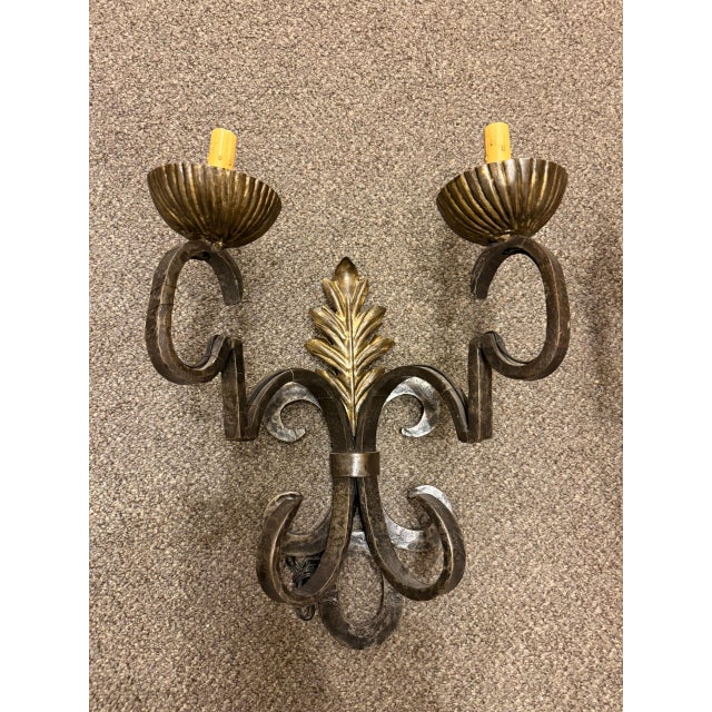 1900s Two-Arm French Wall Sconces With Gold-Leafed Bobeches - Pair For Sale - Image 4 of 15