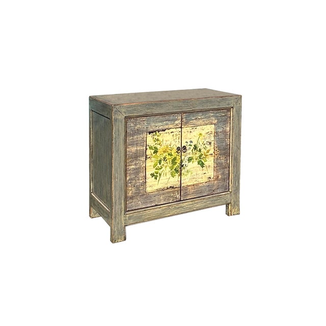 Distressed Grey Flower Bird Graphic Credenza Sideboard Console Cabinet For Sale - Image 4 of 6