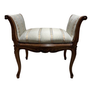1970s Vintage French Bench With Silk Blend Upholstery in Light Blue With Gold and Cream Trim For Sale