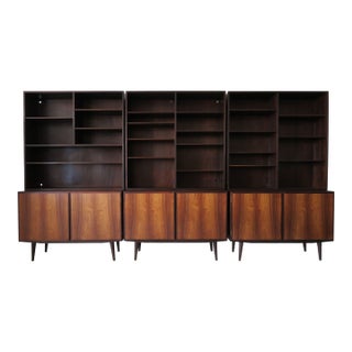 Three Omann Jun Mid 20th Century Danish Cabinets With Bookcase Hutches, Wallunit, Attributed For Sale