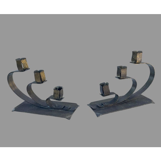Metal Early 20th Century Arts & Crafts Hand-Hammered Brass Three-Light Candelabras – Pair For Sale - Image 7 of 12