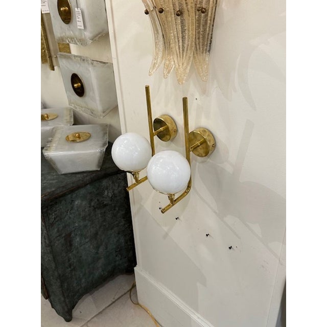 Early 21st Century Pair of White Ball Form Murano Glass Sconces on Brass Base For Sale - Image 5 of 5