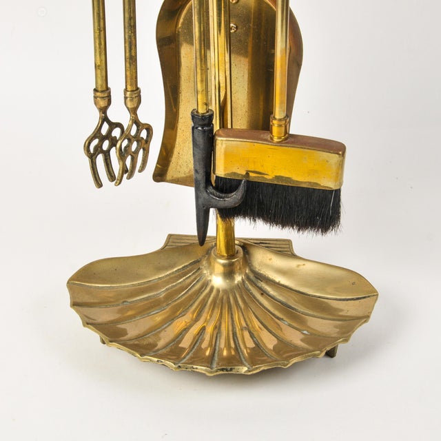 Mid-Century Modern Mid 20th Century Solid Brass Seashell Handle Fireplace Tool Set With Scallop Shell Base Stand For Sale - Image 3 of 15