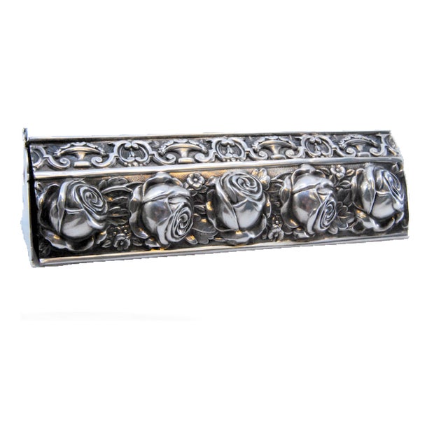 Triangular Silver Toothpick Holder with Roses on Base and Lid For Sale
