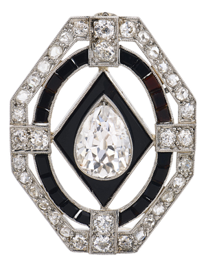 French Art Deco 2.00 Carat Old Pear Shape Diamond Onyx Platinum Brooch