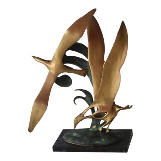 1980s Bijan Style Vintage Modernist Brass Granite Flock of Seagulls Flying Table Top Sculpture For Sale