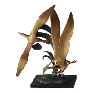 1980s Bijan Style Vintage Modernist Brass Granite Flock of Seagulls Flying Table Top Sculpture