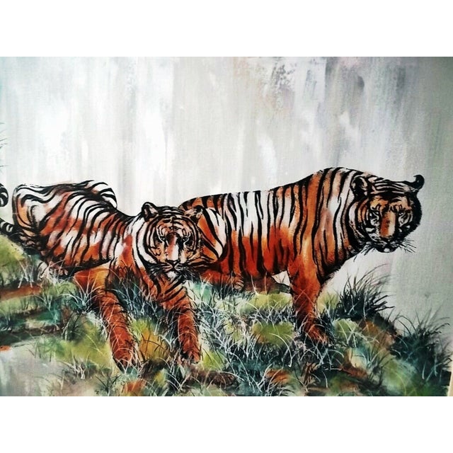 Oil on canvas painting by artist Peter Colby. Large oversize canvas featuring two lions resting upon a patch of green...