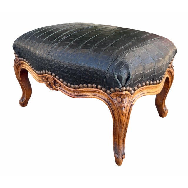 Antique Crocodile Leather French Provincial Footstool Ottoman.