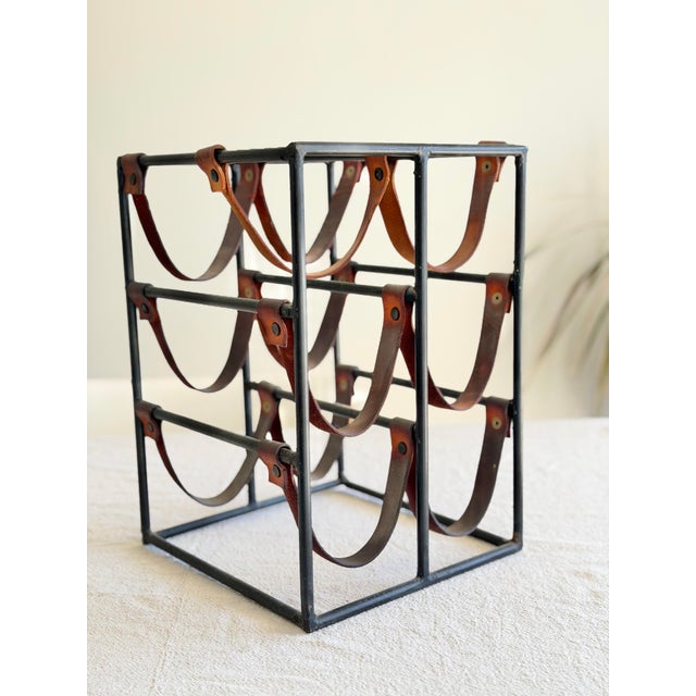 Mid-Century Modern Vintage Arthur Umanoff Mid Century Modern Iron & Leather Wine Rack – 6 Bottle Vintage Bar Storage, Industrial Brutalist Decor For Sale - Image 3 of 9