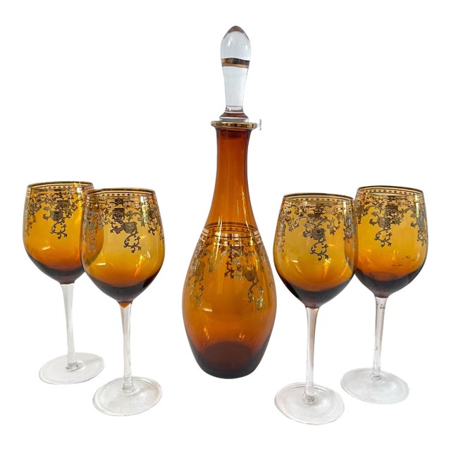 Vintage Amber & Gold Gilt Bohemian Decanter & 4 Wine Glasses. MCM For Sale