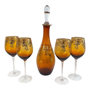 Vintage Amber & Gold Gilt Bohemian Decanter & 4 Wine Glasses. MCM