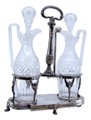 Silver and Cut Glass Cruets with Applications, Friezes and Reliefs, Set of 3
