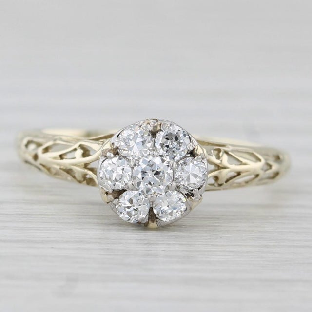 Metal 1960s Antique 0.26ctw Diamond Flower Cluster Engagement Ring 14k Yellow Gold Size 7.25 For Sale - Image 7 of 7