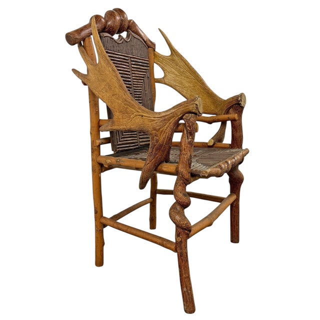 Cabin American Adirondack Style Moose Antler Armchair For Sale - Image 3 of 14