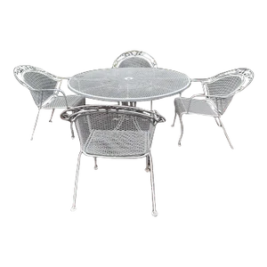 1960s Vintage Meadowcraft Table with 4 Barrel Back Armchairs Patio Set - 5 Pieces